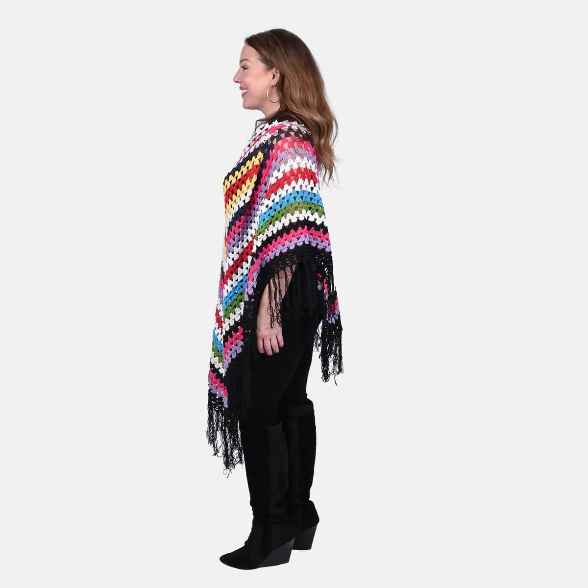 Tamsy Black with Multicolor Stripe Pattern Cotton Hand Chrochet Poncho - One Size Fits Most image number 2