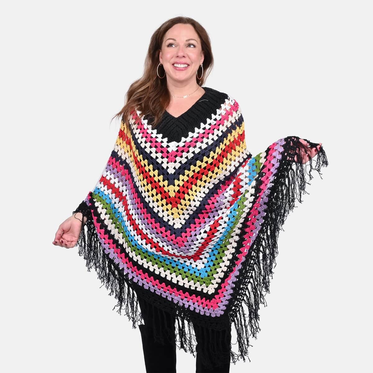 Tamsy Black with Multicolor Stripe Pattern Cotton Hand Chrochet Poncho - One Size Fits Most image number 3