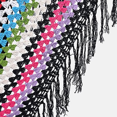 Tamsy Black with Multicolor Stripe Pattern Cotton Hand Chrochet Poncho - One Size Fits Most