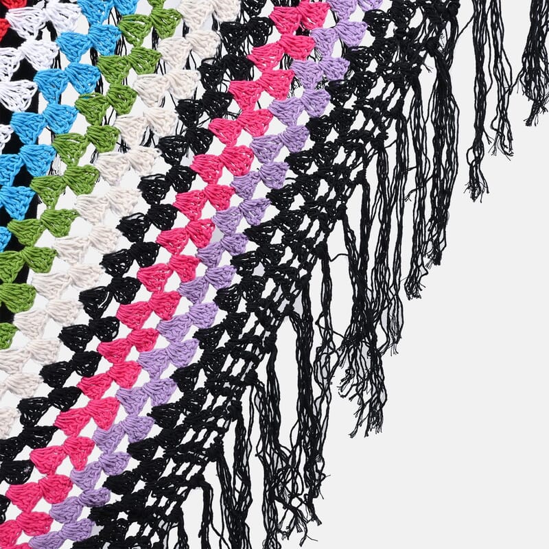 Tamsy Black with Multicolor Stripe Pattern Cotton Hand Chrochet Poncho - One Size Fits Most