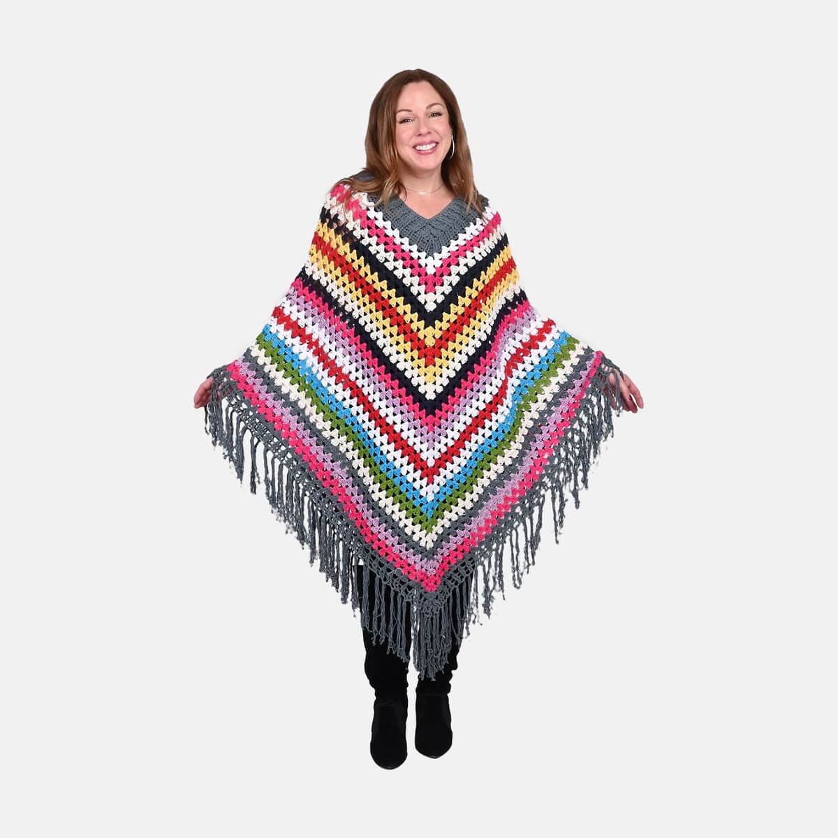 Tamsy Dark Gray with Multicolor Stripe Pattern Cotton Hand Chrochet Poncho - One Size Fits Most image number 0