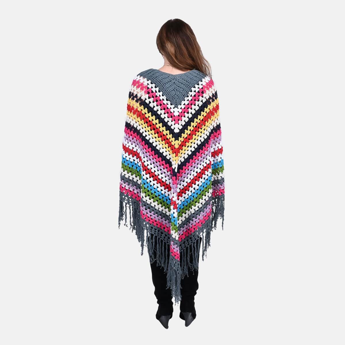 Tamsy Dark Gray with Multicolor Stripe Pattern Cotton Hand Chrochet Poncho - One Size Fits Most image number 1