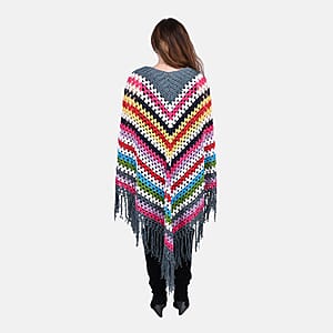 Tamsy Dark Gray with Multicolor Stripe Pattern Cotton Hand Chrochet Poncho - One Size Fits Most