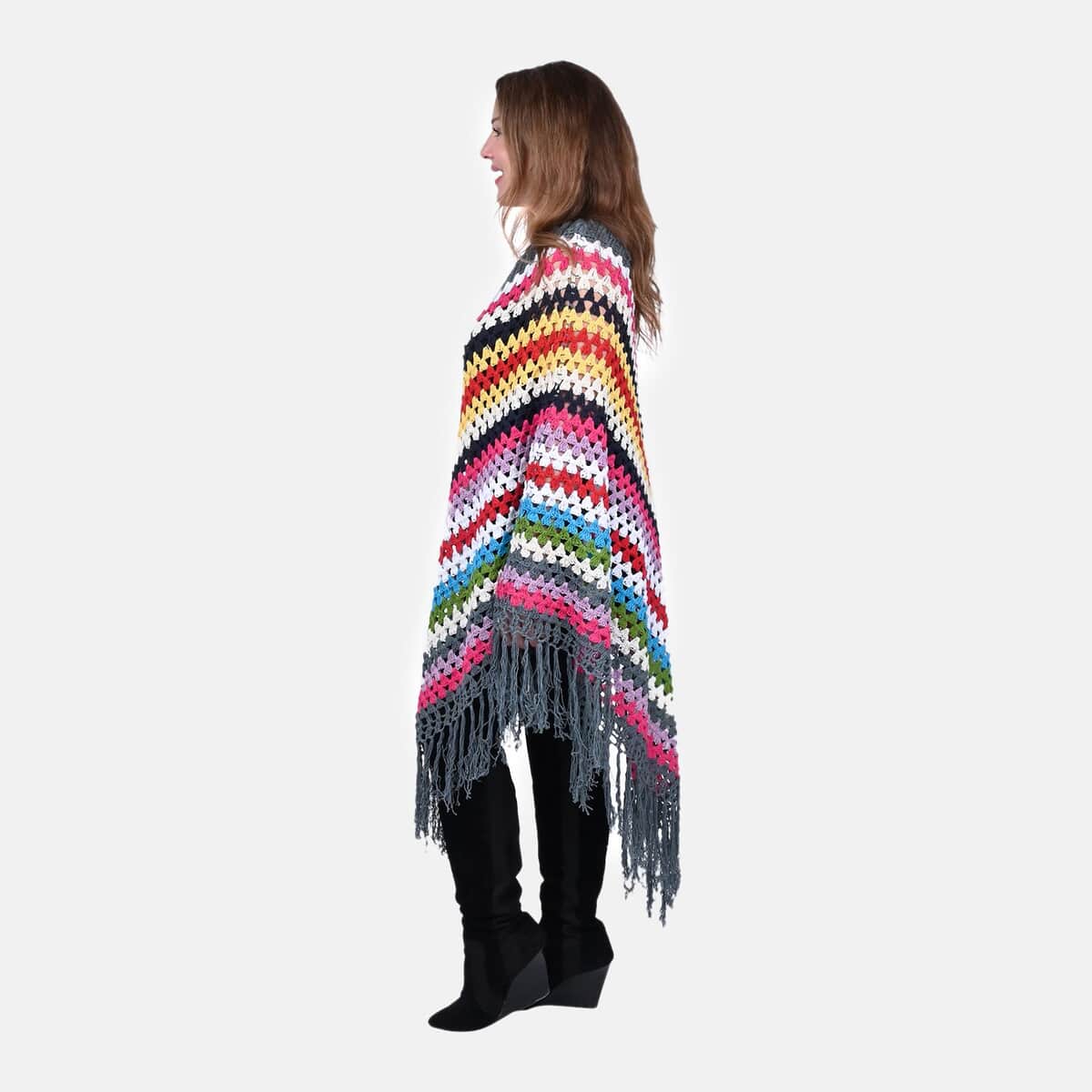 Tamsy Dark Gray with Multicolor Stripe Pattern Cotton Hand Chrochet Poncho - One Size Fits Most image number 2