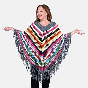 Tamsy Dark Gray with Multicolor Stripe Pattern Cotton Hand Chrochet Poncho - One Size Fits Most