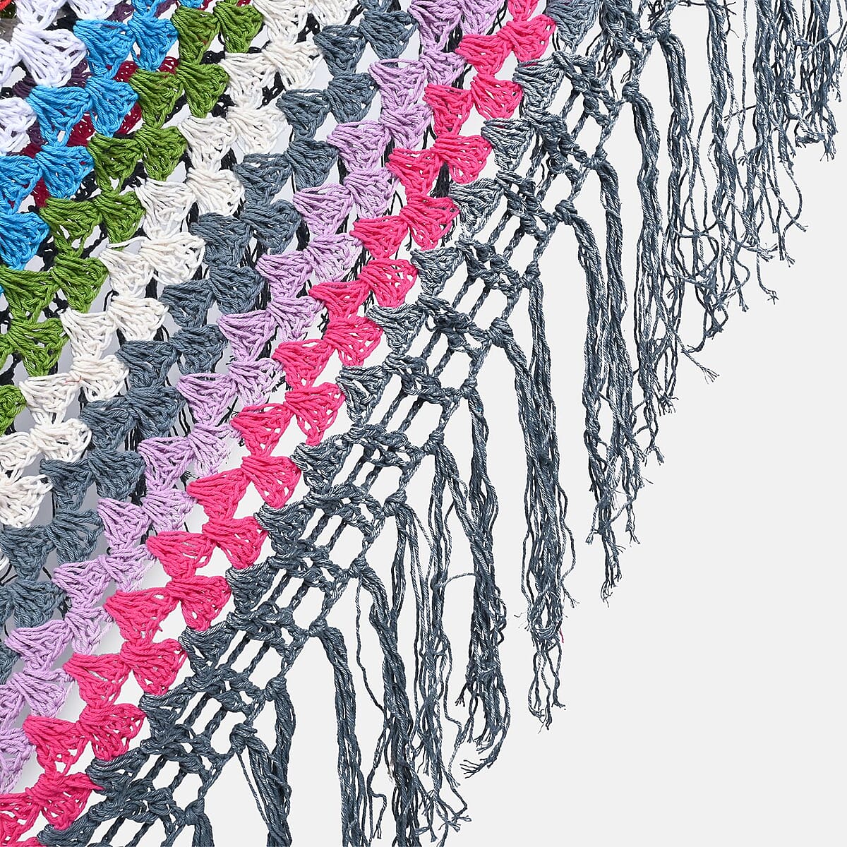 Tamsy Dark Gray with Multicolor Stripe Pattern Cotton Hand Chrochet Poncho - One Size Fits Most image number 5