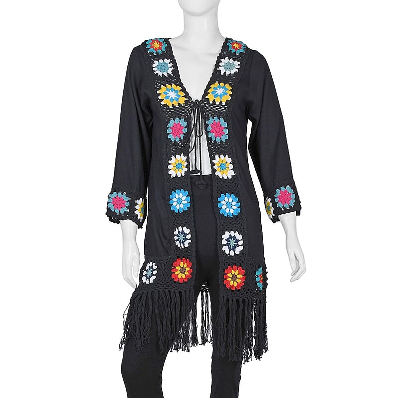 Tamsy Black with Multicolor Square Geometric Pattern Cotton Hand Crochet Cardigan - M