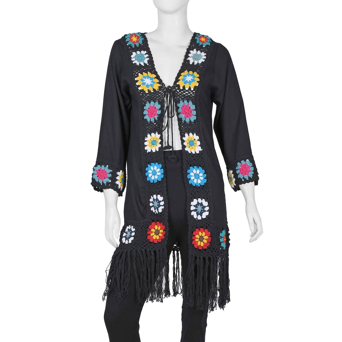 Tamsy Black with Multicolor Square Geometric Pattern Cotton Hand Crochet Cardigan - M image number 0