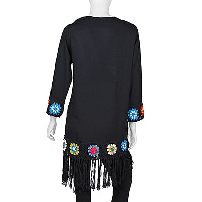 Tamsy Black with Multicolor Square Geometric Pattern Cotton Hand Crochet Cardigan - M