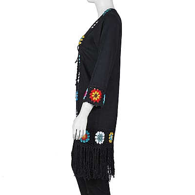 Tamsy Black with Multicolor Square Geometric Pattern Cotton Hand Crochet Cardigan - M