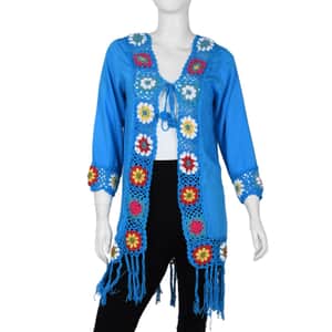 Tamsy Turquoise with Multicolor Square Geometric Pattern Cotton Hand Crochet Cardigan - M
