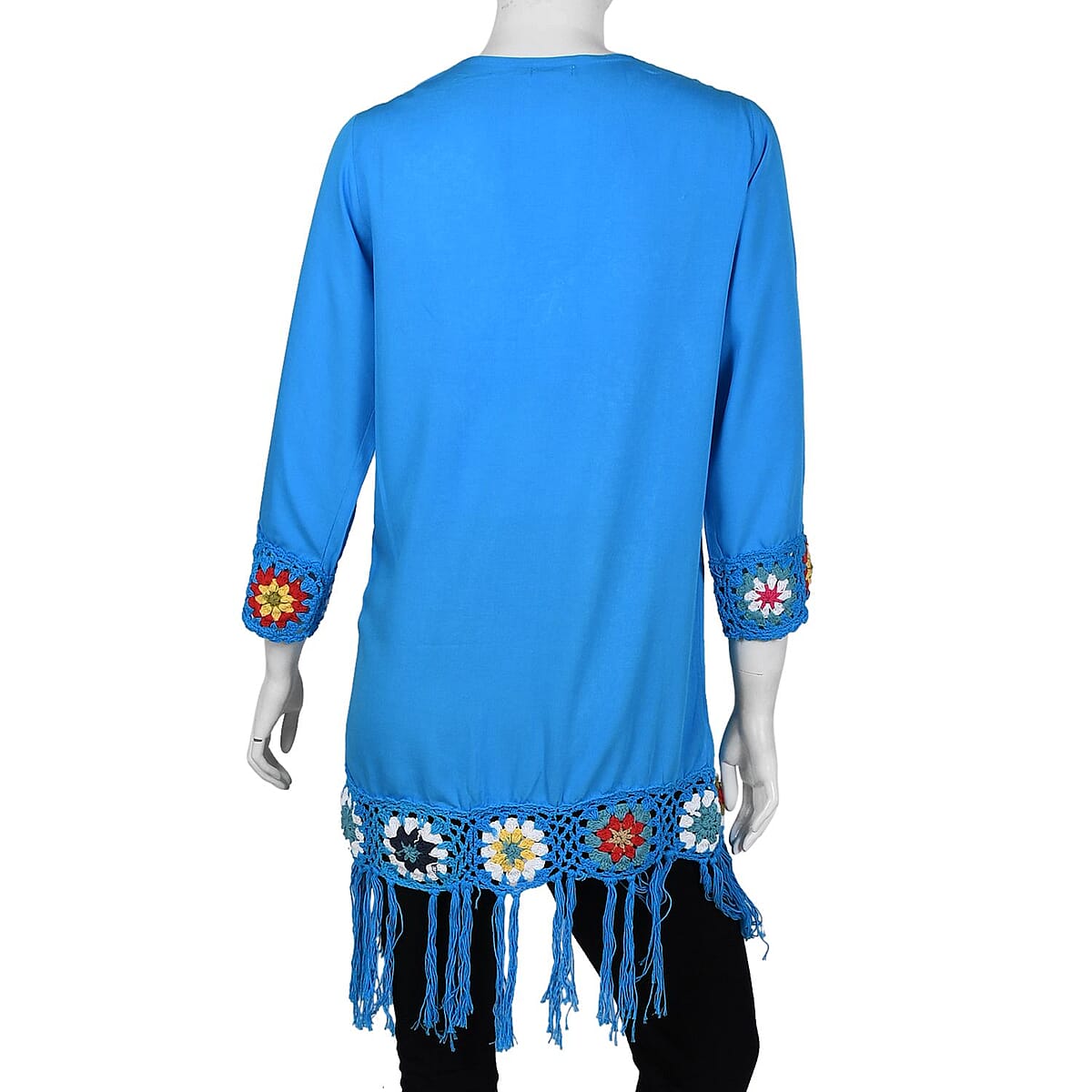 Tamsy Turquoise with Multicolor Square Geometric Pattern Cotton Hand Chrochet Cardigan - XL image number 1