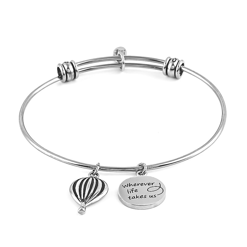HALLMARK Wherever Life Takes us Hot Air Balloon Multi Charm Expandable Wire Bangle Bracelet in Stainless Steel (8.50 In) 10.70 Grams