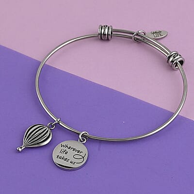 HALLMARK Wherever Life Takes us Hot Air Balloon Multi Charm Expandable Wire Bangle Bracelet in Stainless Steel (8.50 In) 10.70 Grams