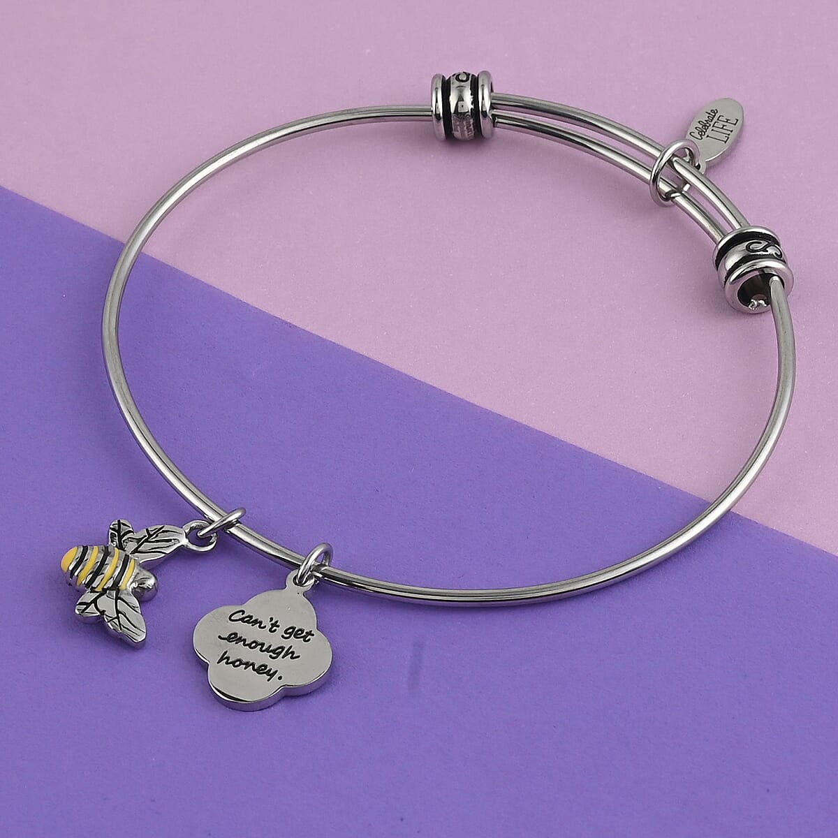 HALLMARK Bee Can't Get Enough Honey Charm Expandable Wire Bangle Bracelet in Stainless Steel (8.50 In) image number 1
