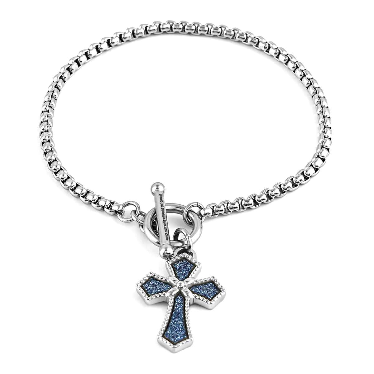 HALLMARK Cross with Blue Glitter Paper Toggle Bracelet in Stainless Steel (7.50 In) image number 0