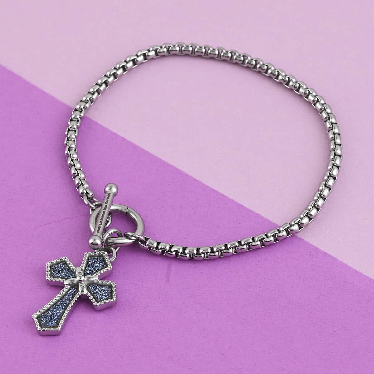 HALLMARK Cross with Blue Glitter Paper Toggle Bracelet in Stainless Steel (7.50 In) image number 1