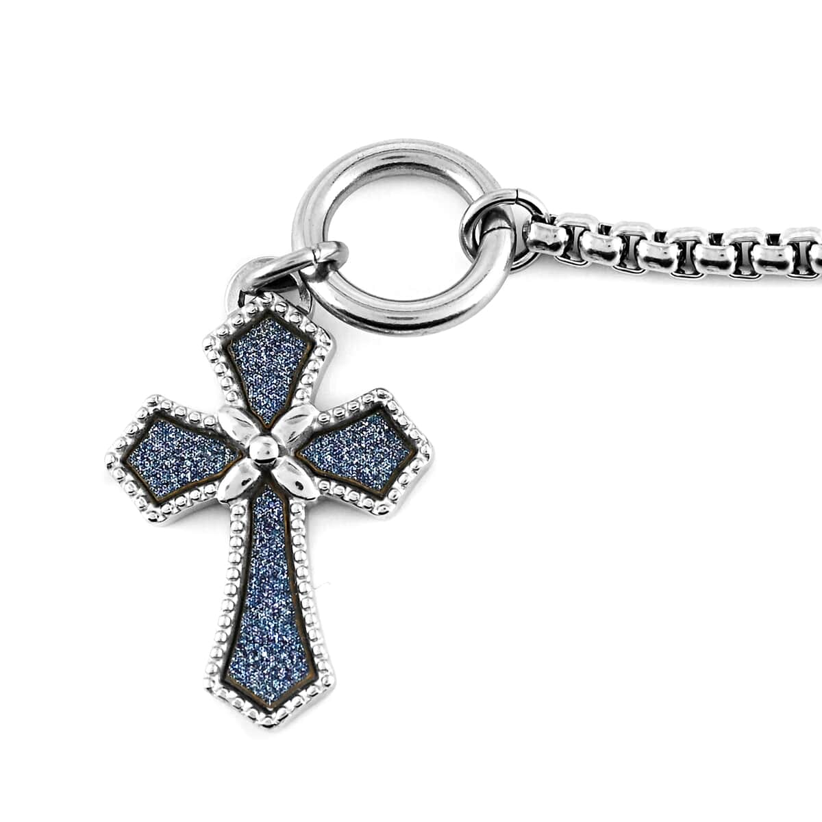 HALLMARK Cross with Blue Glitter Paper Toggle Bracelet in Stainless Steel (7.50 In) image number 2