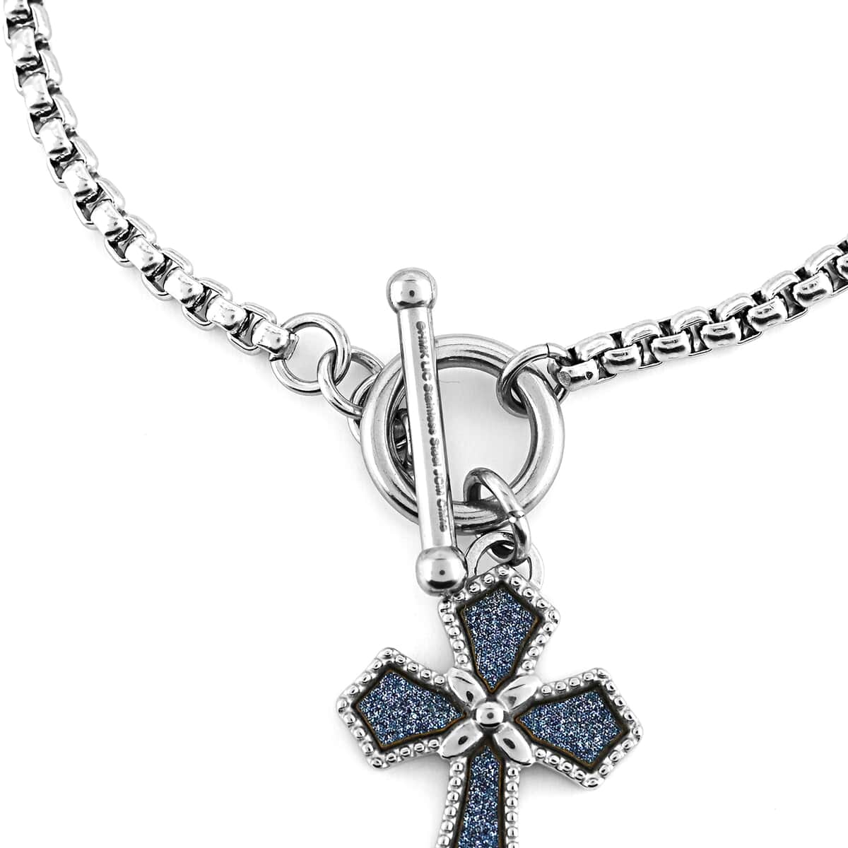 HALLMARK Cross with Blue Glitter Paper Toggle Bracelet in Stainless Steel (7.50 In) image number 3