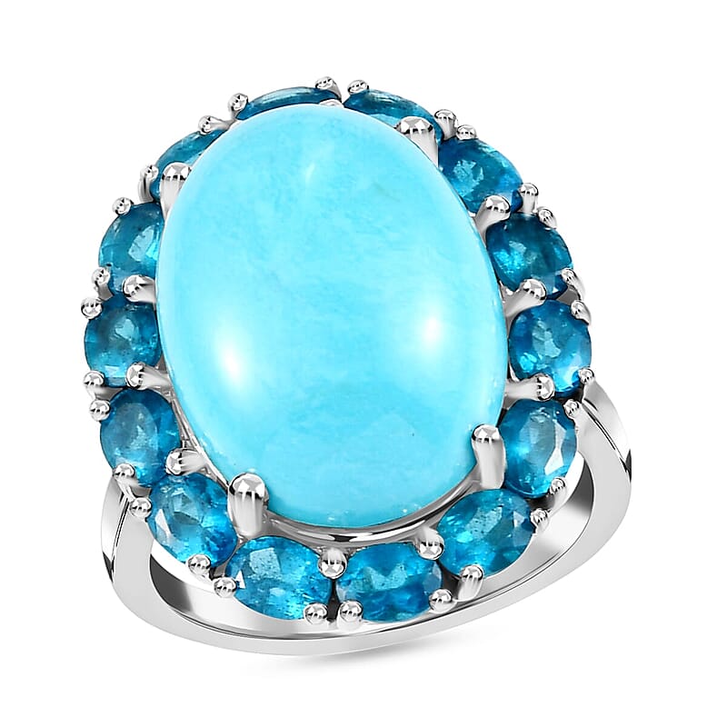 AMERICAN Natural Sleeping Beauty Turquoise and Malgache Neon Apatite Halo Ring in Platinum Over Sterling Silver (Size 10.0) 11.00 ctw