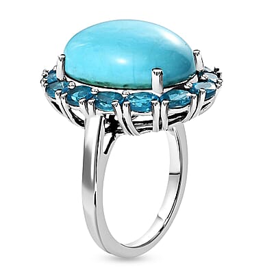 AMERICAN Natural Sleeping Beauty Turquoise and Malgache Neon Apatite Halo Ring in Platinum Over Sterling Silver (Size 10.0) 11.00 ctw