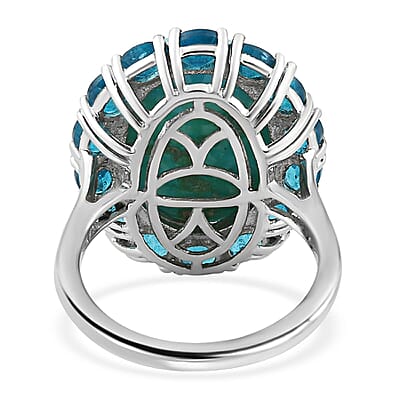AMERICAN Natural Sleeping Beauty Turquoise and Malgache Neon Apatite Halo Ring in Platinum Over Sterling Silver (Size 10.0) 11.00 ctw