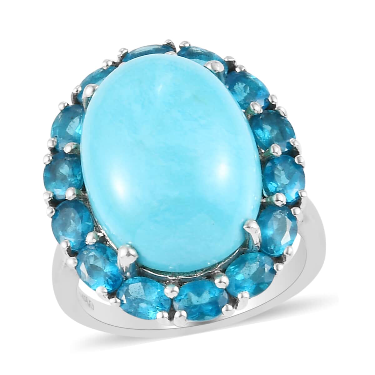 AMERICAN Natural Sleeping Beauty Turquoise and Malgache Neon Apatite Halo Ring in Platinum Over Sterling Silver (Size 8.0) 11.00 ctw image number 0