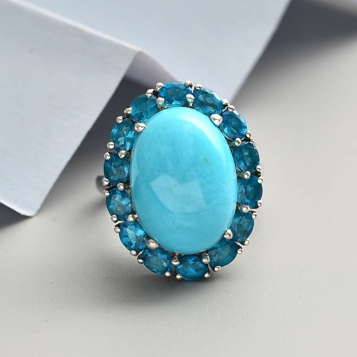 AMERICAN Natural Sleeping Beauty Turquoise and Malgache Neon Apatite Halo Ring in Platinum Over Sterling Silver (Size 8.0) 11.00 ctw image number 1