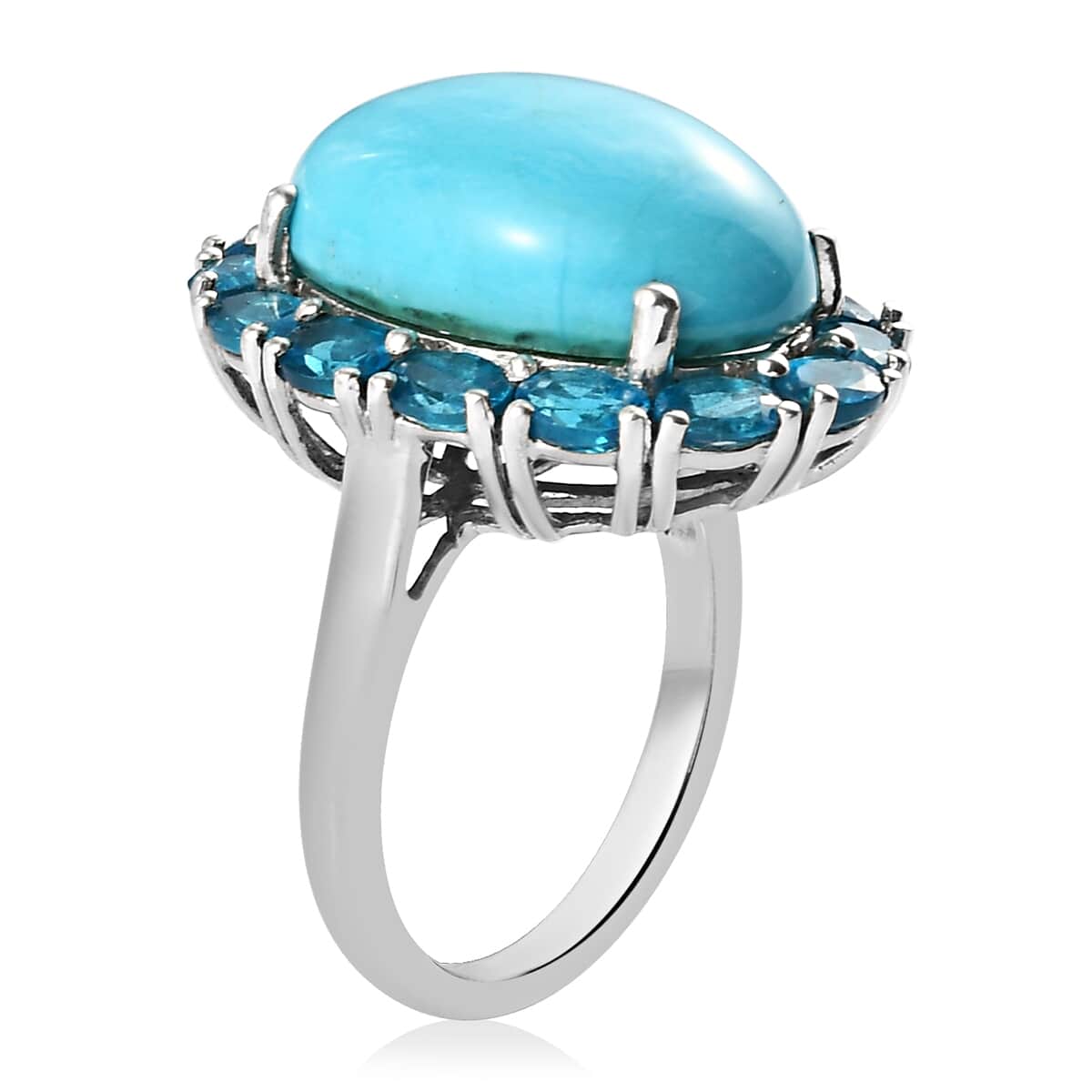 AMERICAN Natural Sleeping Beauty Turquoise and Malgache Neon Apatite Halo Ring in Platinum Over Sterling Silver (Size 8.0) 11.00 ctw image number 3