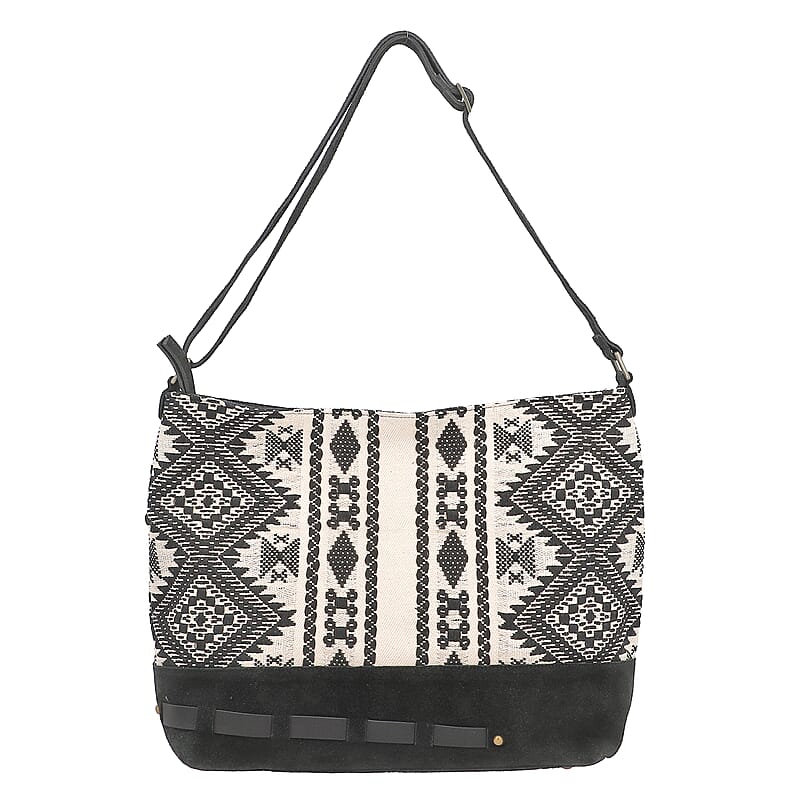 Black Jacquard Print Shoulder Bag with Adjustable Leather Shoulder Strap
