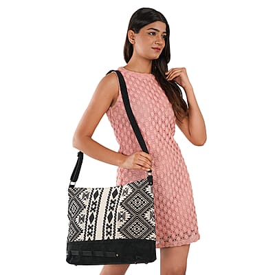Black Jacquard Print Shoulder Bag with Adjustable Leather Shoulder Strap