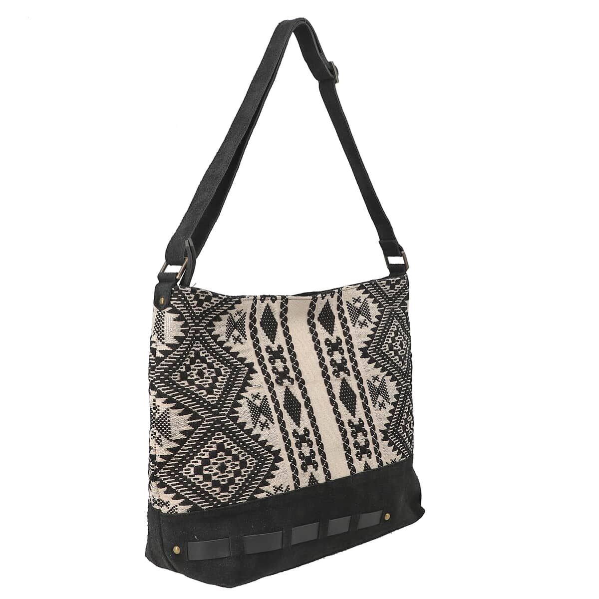 "100% Genuine Leather Bohemian Shoulder Bag SIZE: 19(L)x13(H)X5(W) inches COLOR: Black" image number 2