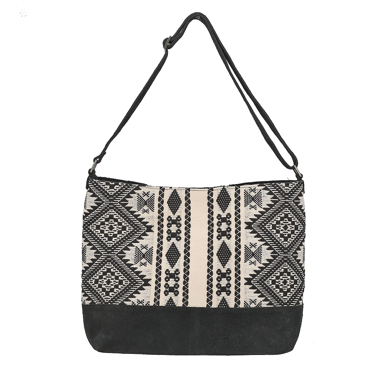 Black Jacquard Print Shoulder Bag with Adjustable Leather Shoulder Strap