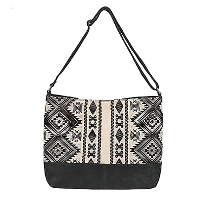 Black Jacquard Print Shoulder Bag with Adjustable Leather Shoulder Strap