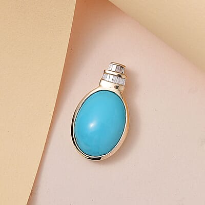 Luxoro 10K Yellow Gold Premium Sleeping Beauty Turquoise and Diamond Pendant without Chain 7.85 ctw