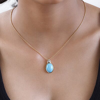 Luxoro 10K Yellow Gold Premium Sleeping Beauty Turquoise and Diamond Pendant without Chain 7.85 ctw