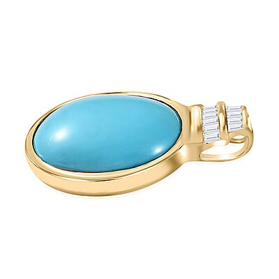 Luxoro 10K Yellow Gold Premium Sleeping Beauty Turquoise and Diamond Pendant without Chain 7.85 ctw