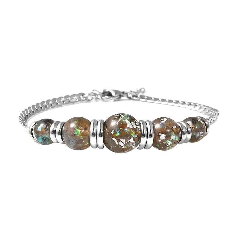 Gray Color Lab Created Opal Beaded 5 Stone Bracelet in Stainless Steel (7.25 In)