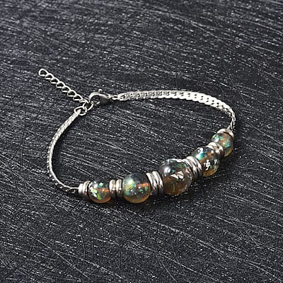 Gray Color Lab Created Opal Beaded 5 Stone Bracelet in Stainless Steel (7.25 In)