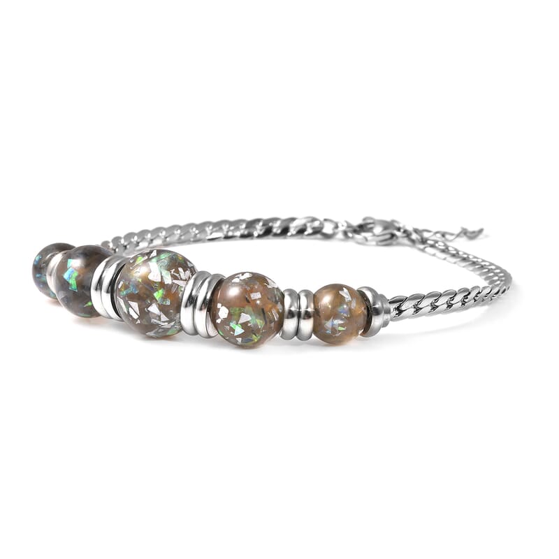 Gray Color Lab Created Opal Beaded 5 Stone Bracelet in Stainless Steel (7.25 In)