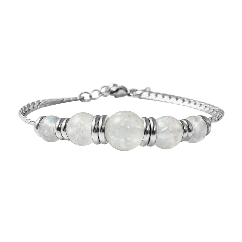 White Color Lab Created Opal Beaded 5 Stone Bracelet in Stainless Steel (7.25 In)