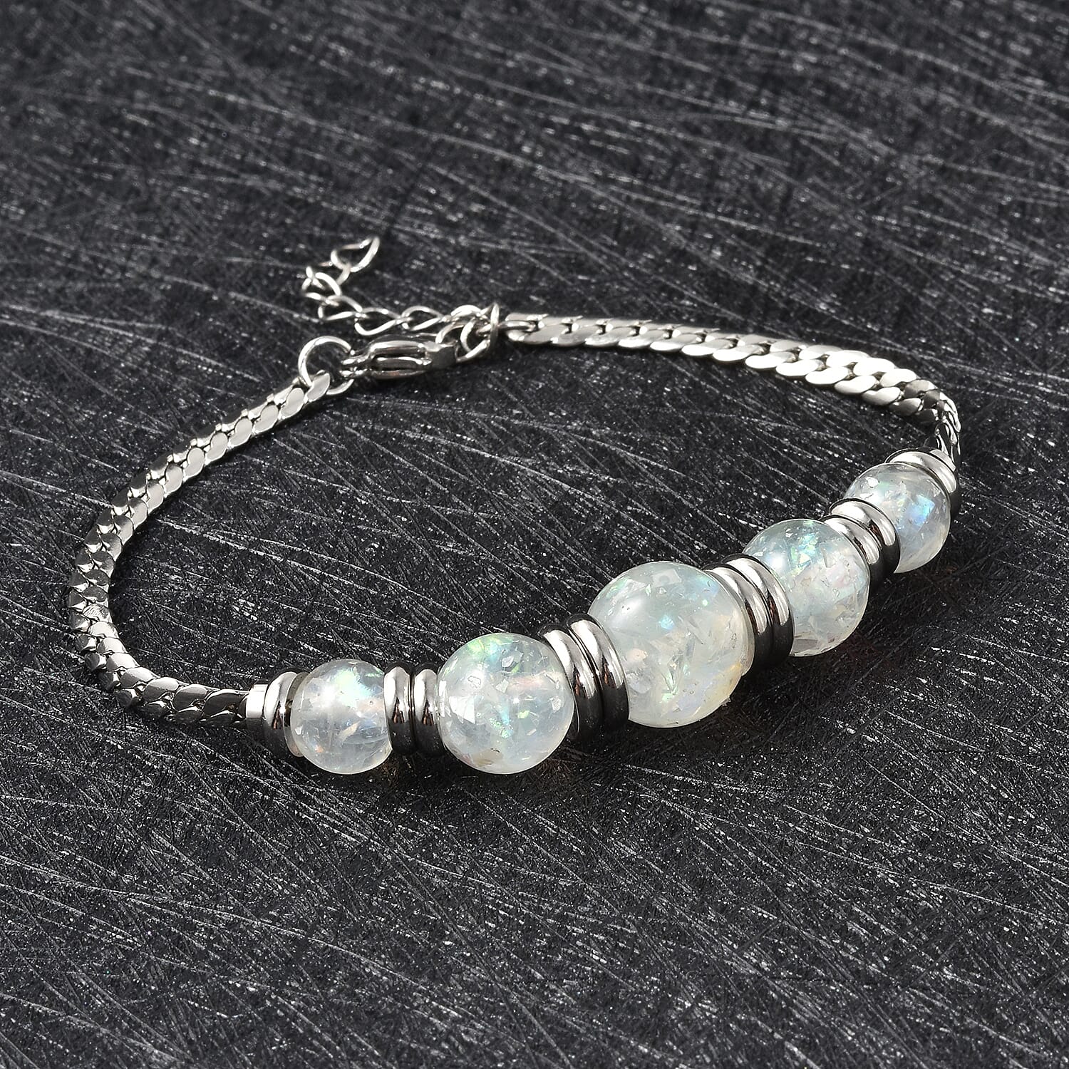 White Color Lab Created Opal Beaded 5 Stone Bracelet in Stainless Steel (7.25 In)