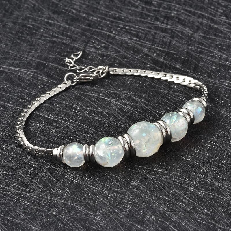 White Color Lab Created Opal Beaded 5 Stone Bracelet in Stainless Steel (7.25 In)