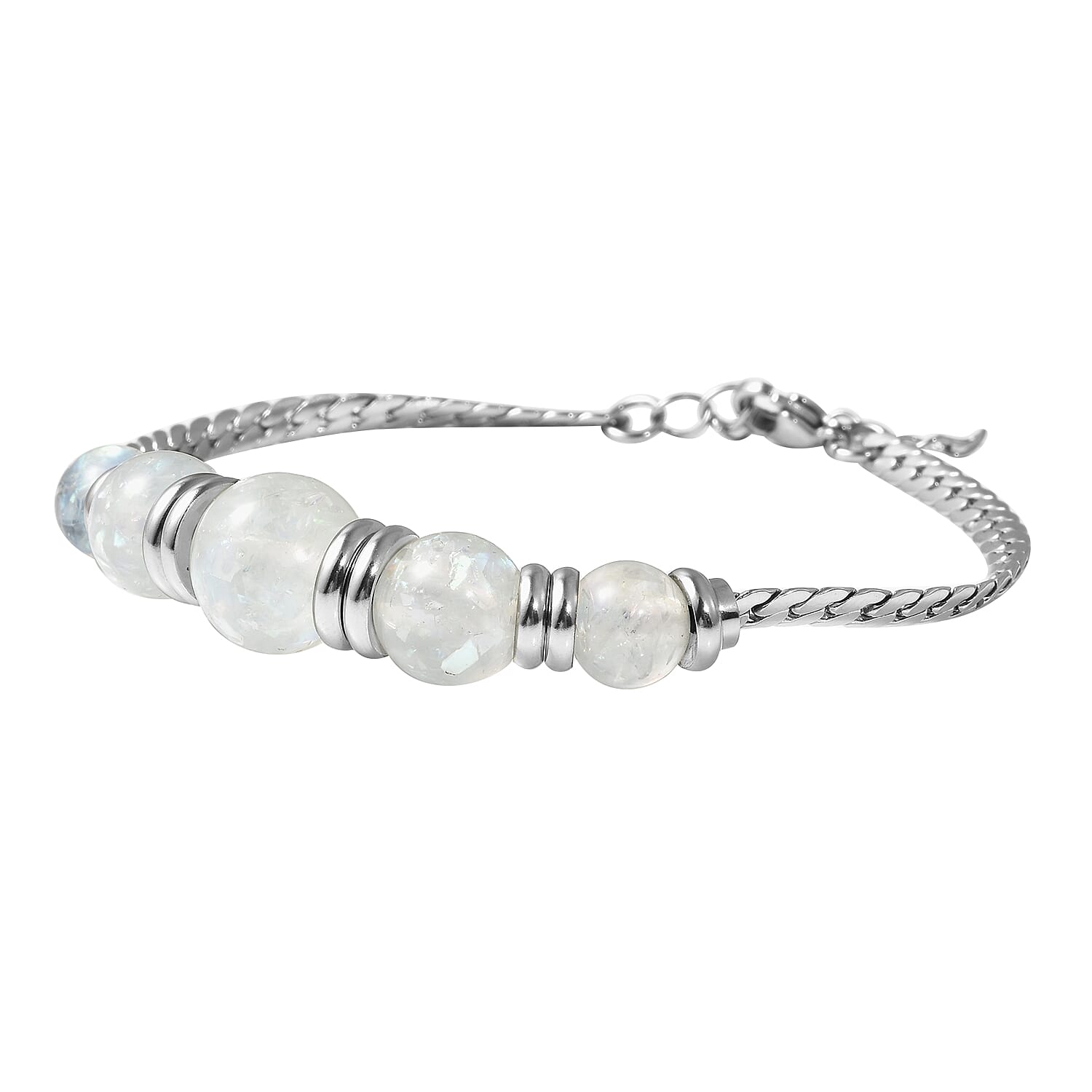 White Color Lab Created Opal Beaded 5 Stone Bracelet in Stainless Steel (7.25 In)