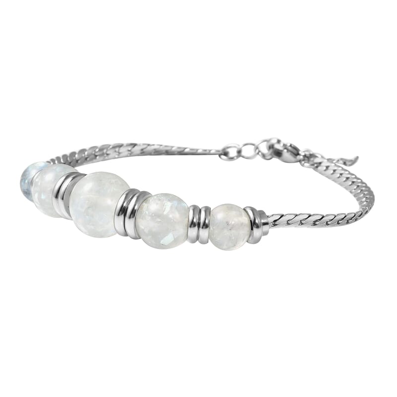 White Color Lab Created Opal Beaded 5 Stone Bracelet in Stainless Steel (7.25 In)