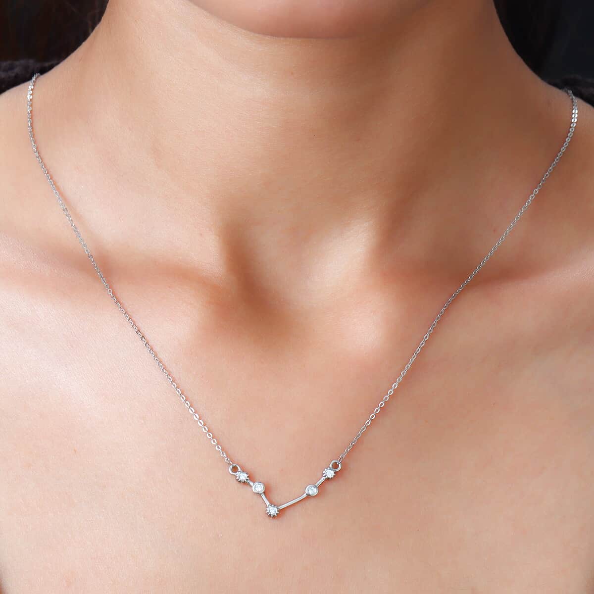 Natural White Zircon Aries Zodiac Necklace 18 Inches in Platinum Over Sterling Silver 0.15 ctw image number 2