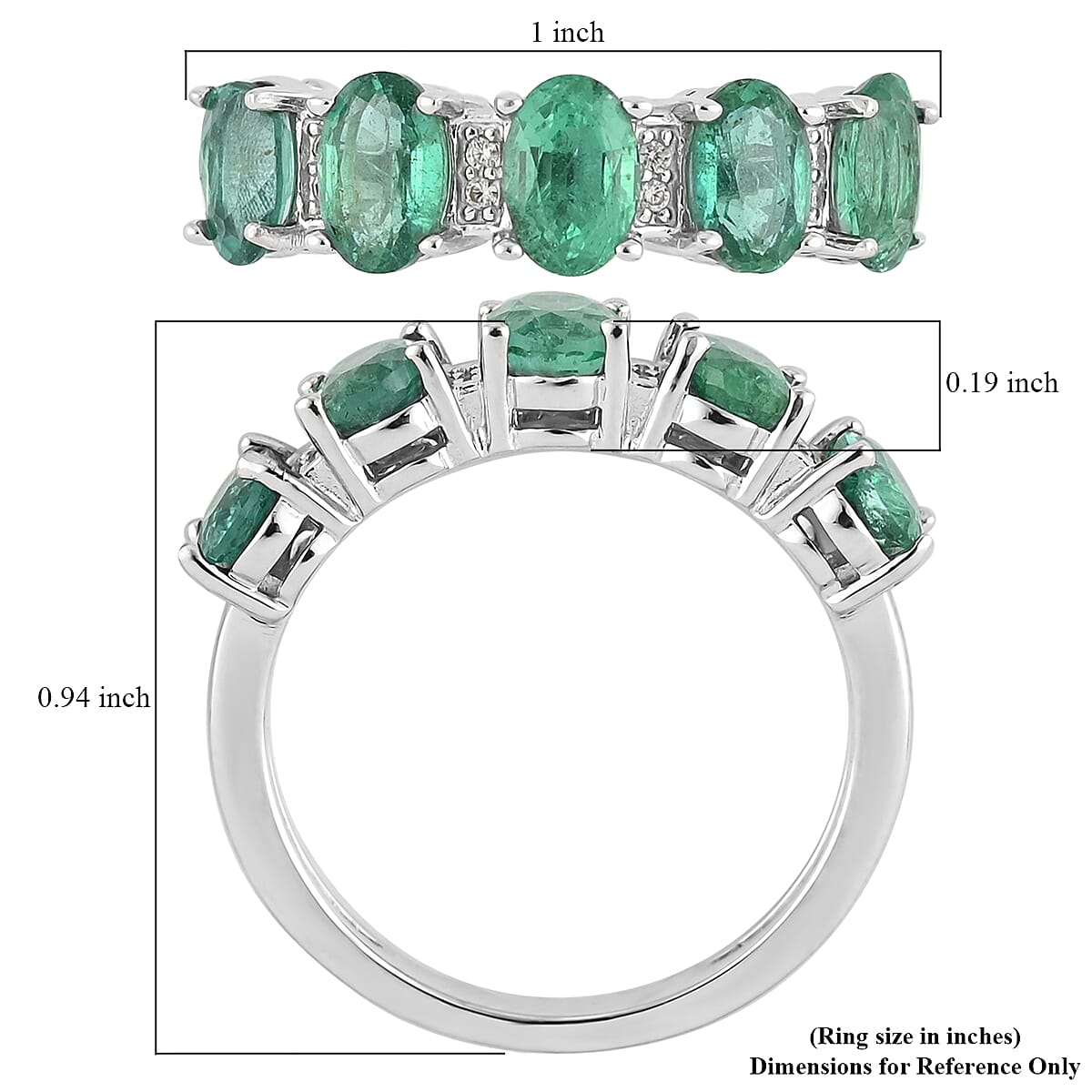AAA Kagem Zambian Intense Green Emerald, Natural White Zircon Line Ring in Rhodium Over Sterling Silver (Size 8.0) 2.30 ctw image number 5