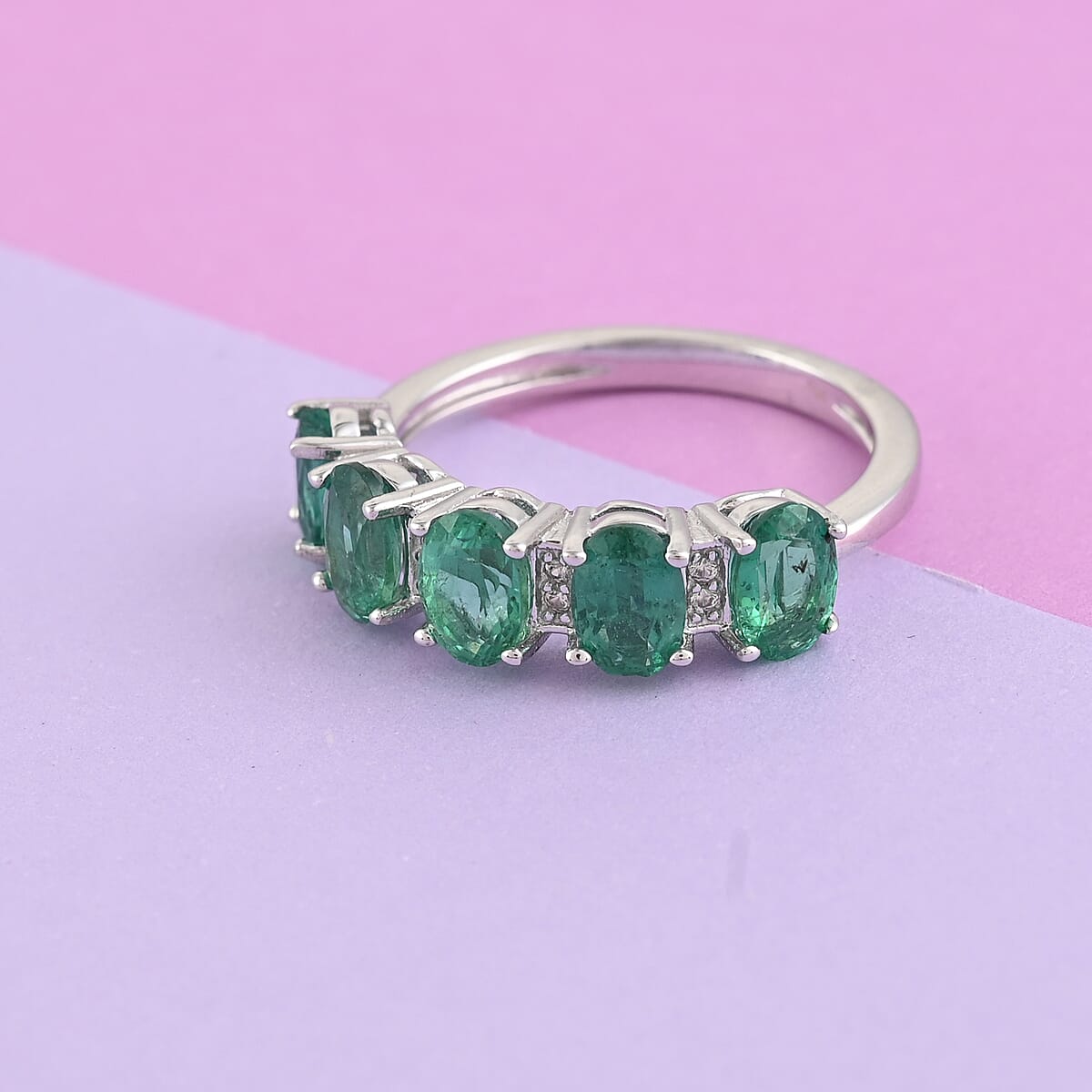 AAA Kagem Zambian Intense Green Emerald and Natural White Zircon Line Ring in Rhodium Over Sterling Silver (Size 7.0) 2.30 ctw image number 1