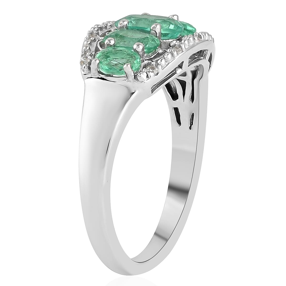 AAA Kagem Zambian Intense Green Emerald and Natural White Zircon Line Ring in Rhodium Over Sterling Silver (Size 7.0) 2.30 ctw image number 3
