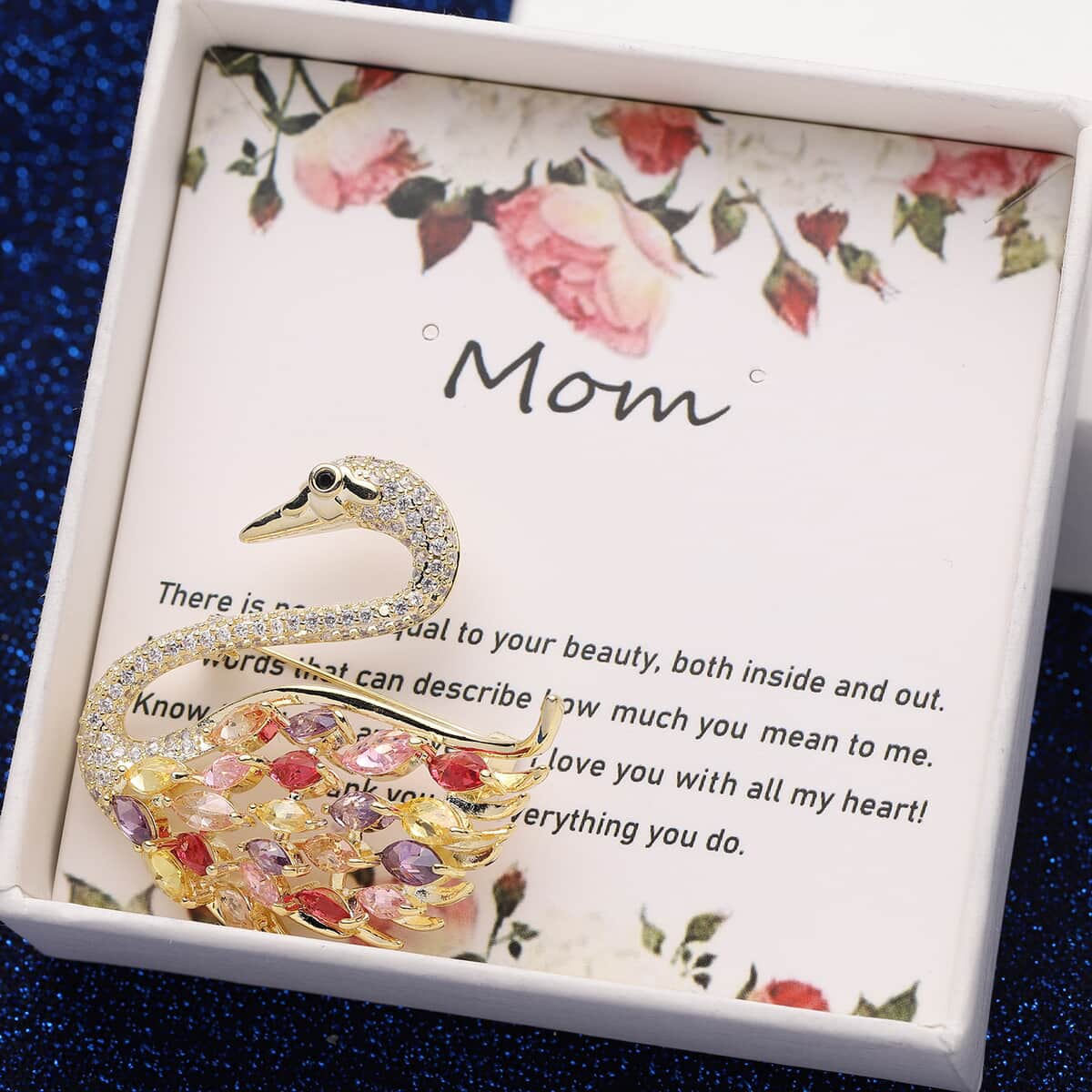 Dear Mom Jewelry Gift Set with Simulated Multi Color Diamond Swan Brooch in Goldtone 4.50 ctw image number 0
